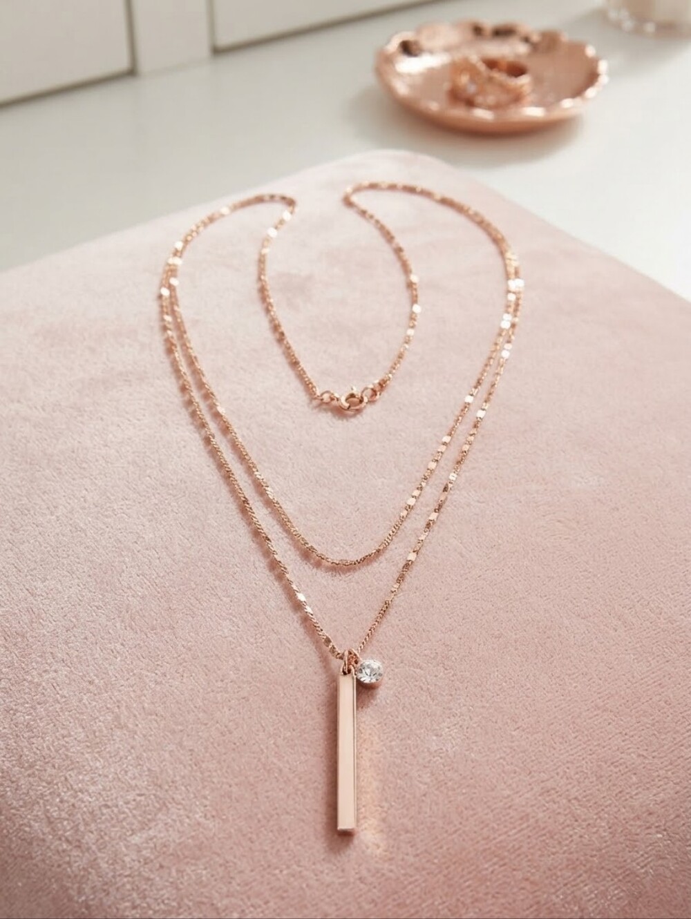 Rose Gold-Tone Layered Multi-Strand Vertical Bar & Crystal Necklace CC